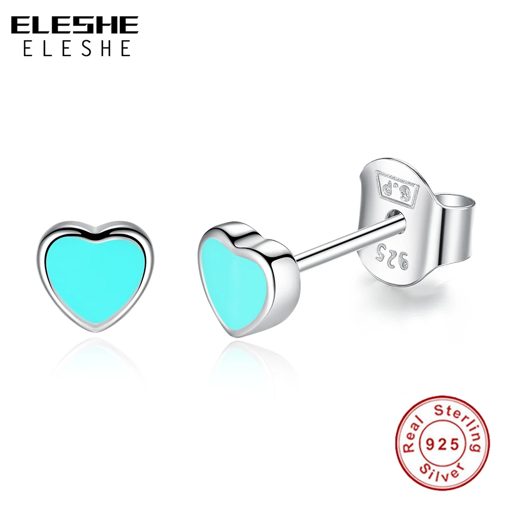 ELESHE модные 925 пробы серебряные синие эмалированные маленькие серьги-гвоздики в форме сердца для женщин и девочек, минималистичные ювелирные аксессуары, подарки