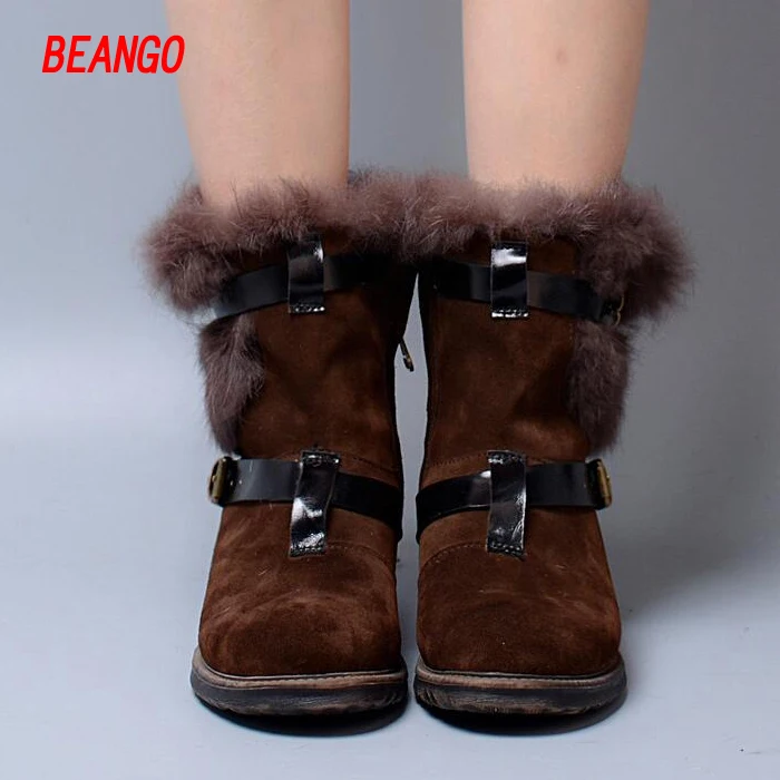 BEANGO Fashion style real cow leather rabbit fur short Boot strap suede snow boots buckle side zipper for women winter shoe