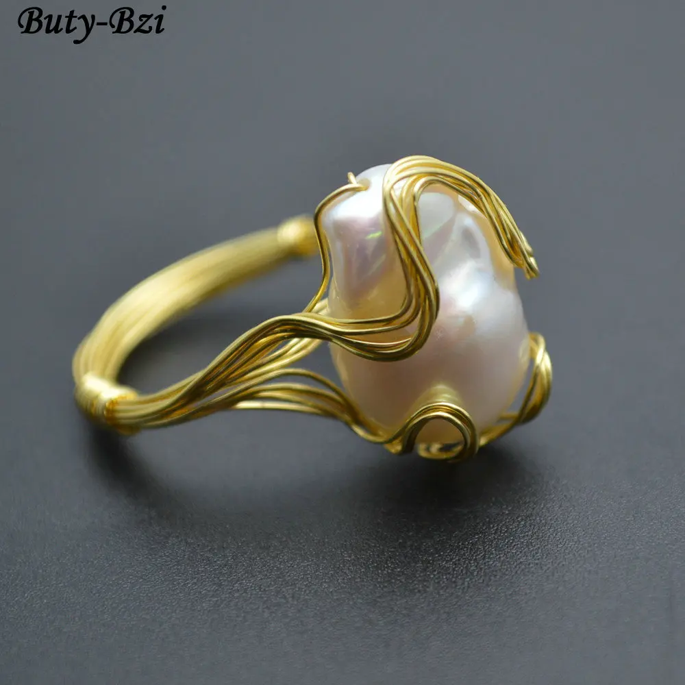Natural Fresh Water Pearl Baroque Beads Handmade Copper Wire Wrapped Rings Fashion Woman Jewelry