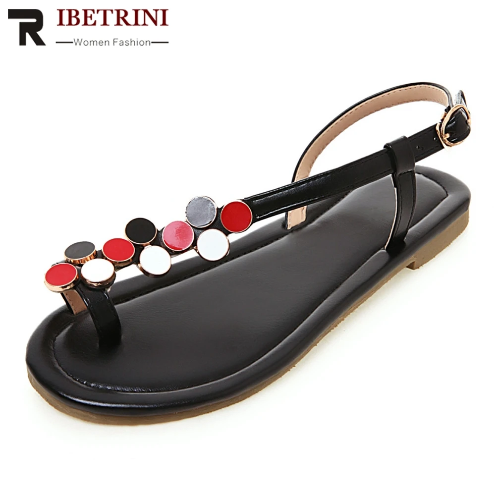 

RIBETRINI Hot Sale Plus Size 30-45 Summer Sandals Women Shoes Woman Flat Heels Black Red Casual Shoes Woman Sandals Footwear