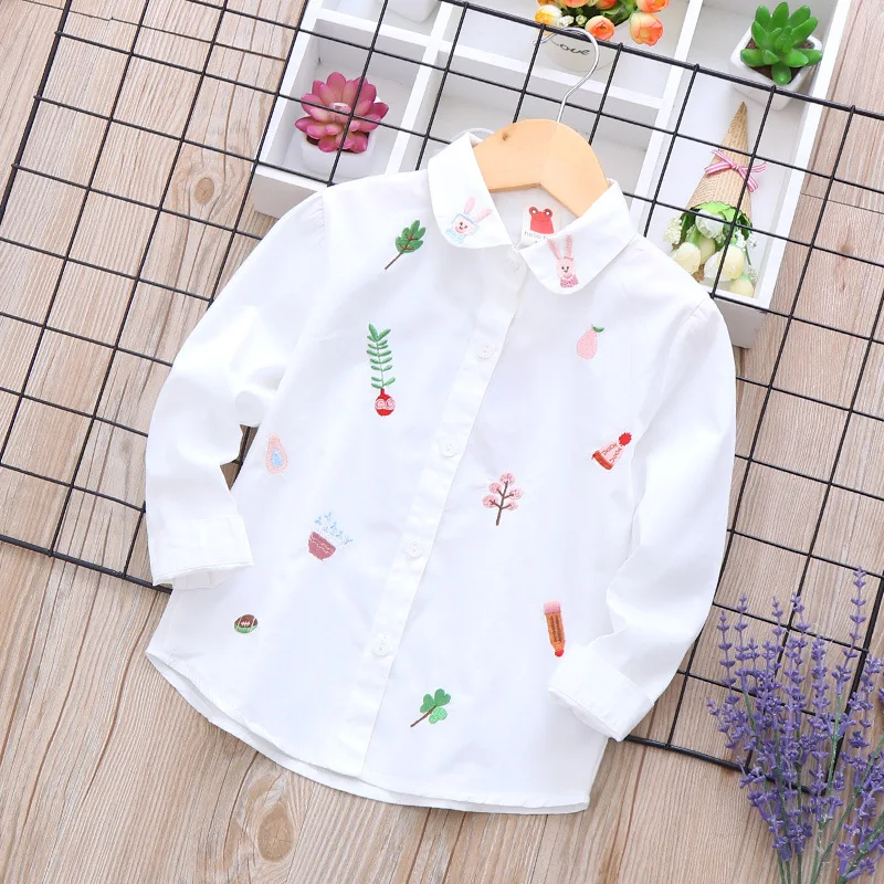 Джинсовая рубашка с вышивкой в виде лисы и кролика; детские джинсовые блузки с длинными рукавами; осенняя одежда для маленьких девочек; джинсовые рубашки; Топ - Цвет: White Rabbit