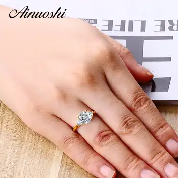 AINUOSHI Luxury Concise 3 Stones Round Ring 14K Solid Yellow Gold Band 2 Carat Simulated Diamond Engagement Women Ring Jewelry