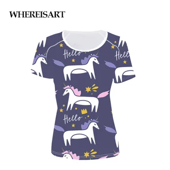 

WHEREISART cute unicorn head lady summer retro elegant lady slim casual multicolor clothes tight body Camiseta Feminina