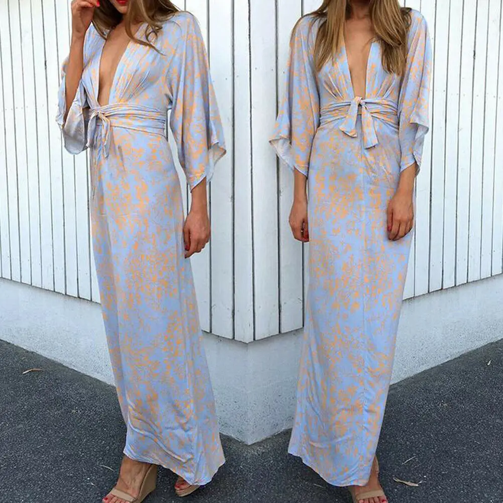 

Hot 2019 Womens Summer Boho Half Sleeve Long Maxi Dress Loose Print V-Neck Evening Party Beach Sundress