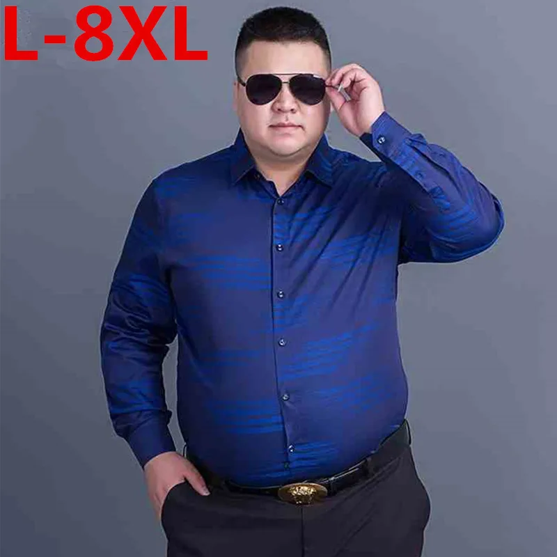BIG SIZE Classic Striped Men Dress Shirts Long Sleeve Business Formal
