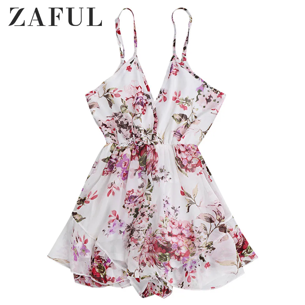 ZAFUL Женский комбинезон Летний пляжный Boho Тонкий с цветочным принтом шифоновый