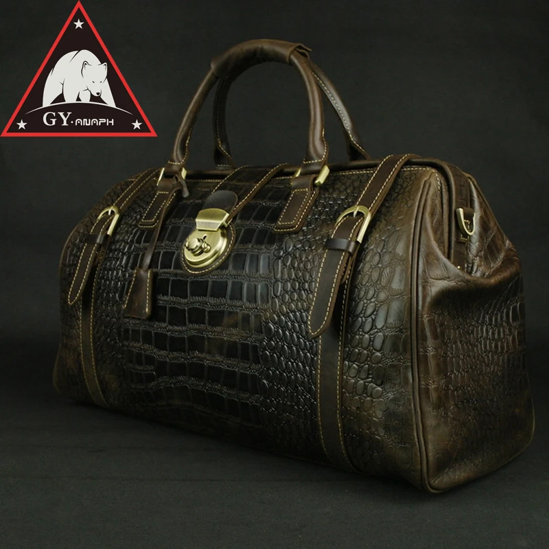 

Holdall, Men's Travel Tote Alligator Patent Cow Leather Overnight Weekender Duffle Bag, Lock Luggage Suitcase 20" Brown