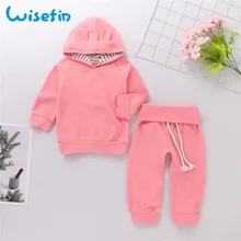 Милая детская одежда для девочек свитер с длинным рукавом и штаны для девочек кроличьи уши с капюшоном розового цвета в одинаковом стиле, осень, для новорожденных clothingP30
