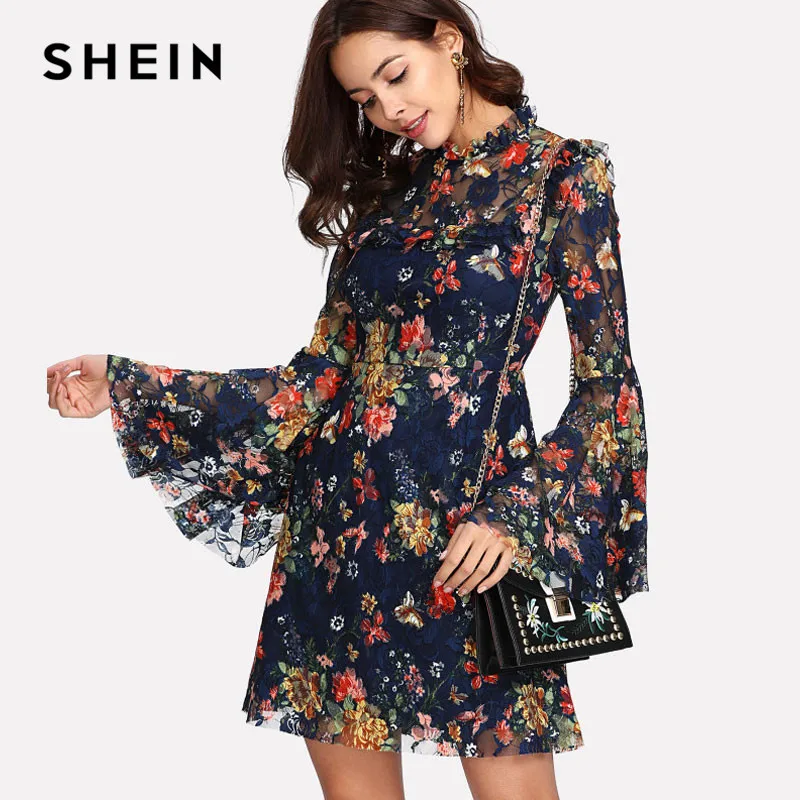 SHEIN Цветочное Кружевное Платье С Оригинальным Рукавом Женское Весеннее