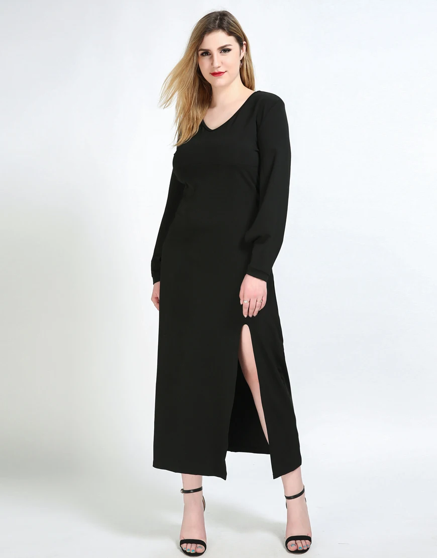 Women's Sexy V neck Long Sleeve Plus Size Casual Dress Solid Black Maxi Cocktail Party Dress 