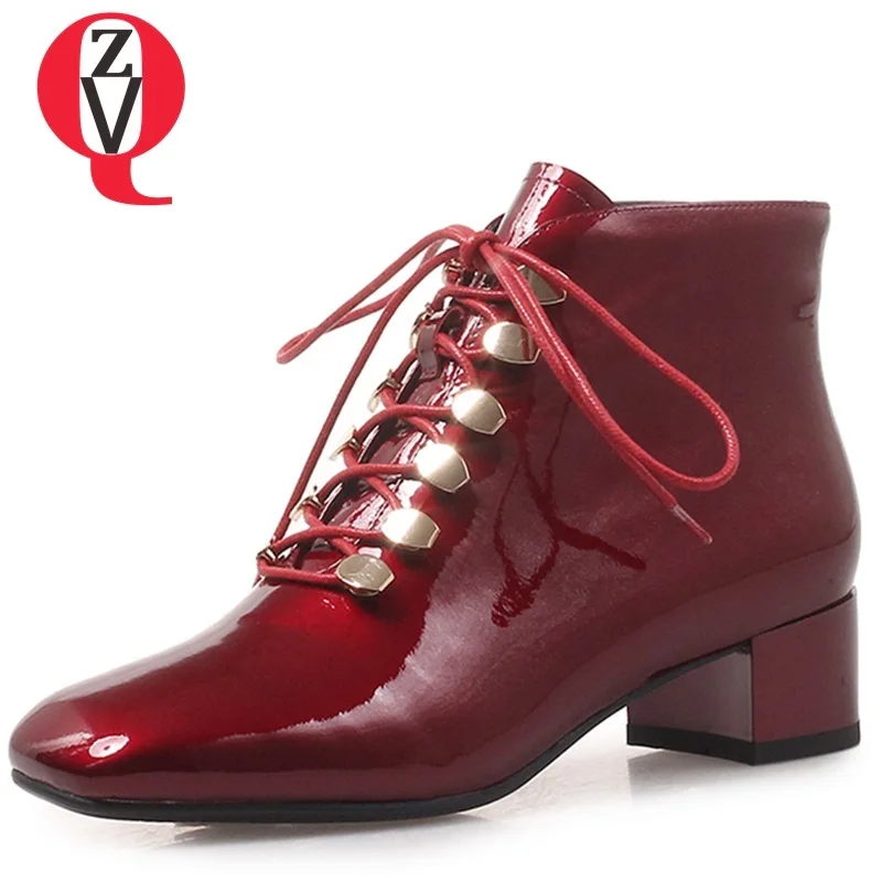 

ZVQ shoes women 2018 winter new fashion patent leather black and wine red med hoof heels square toe lace-up party ankle boots