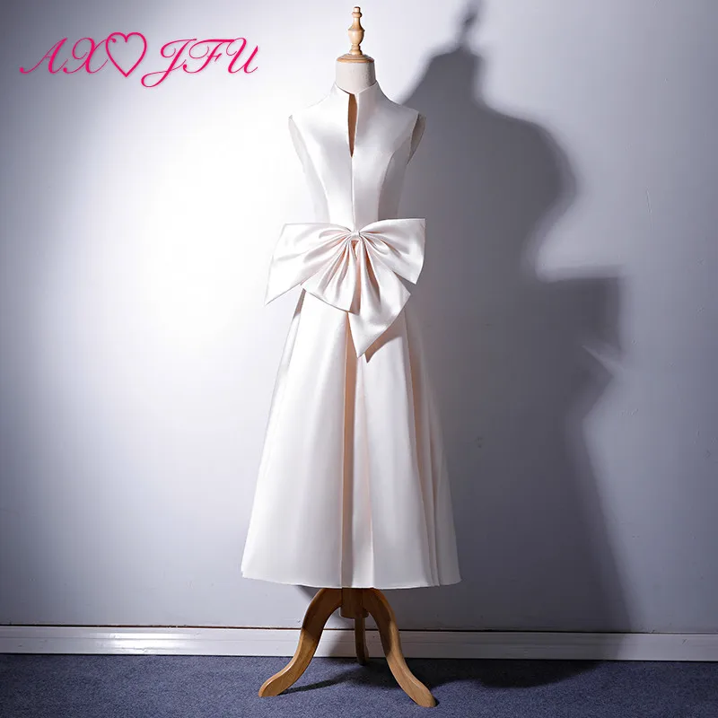 

AXJFU princess champagne satin big bow evening dress luxury vintage v neck sleeveless wine red zipper bow evening dress