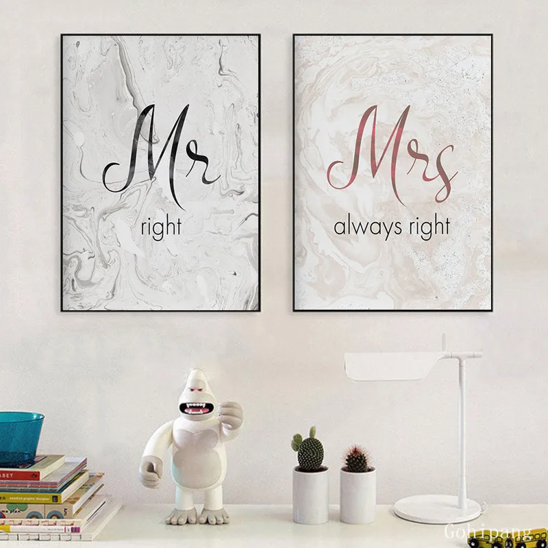 

Romantic Mr Mrs Prints Poster Quotes Canvas Painting Couple Wall Art Marble Master Bedroom Decor Wedding Decoration Pictures