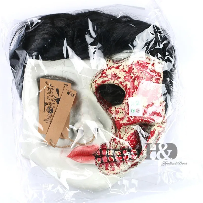 Latex Scary Long Black Hair Disfigured Full Mask Cosplay Ghost Adult Party Mask Halloween Props Masquerade Fancy Dress Costume  (5)