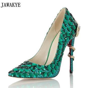 

Gold metal snake high heels dress weddin shoes women bling bling green crystal decor genuine leather pointed toe diamond pumps