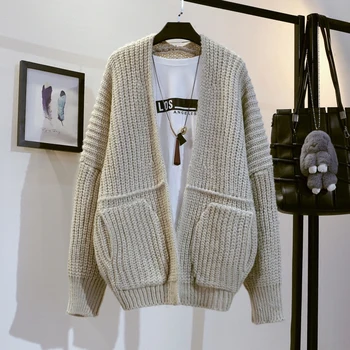 

Women's New Medium Length Sweater Cardigan Ladies Autumn Winter Long Sleeve Pocket Thicked Knitted Sweater Jacket