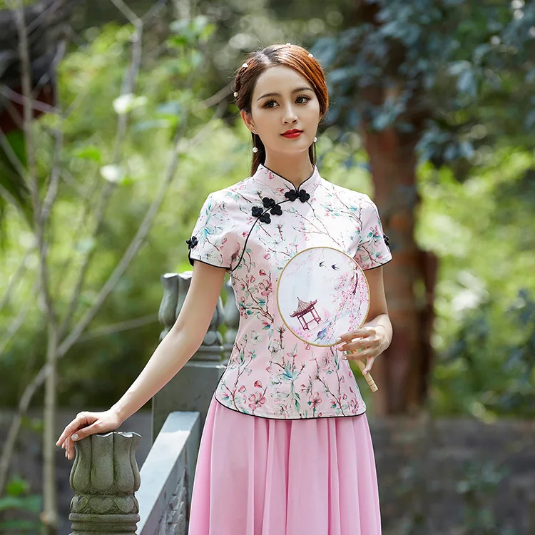 Pink Тонкий Cheongsam топы традиционная китайская одежда Улучшенный короткий рукав цветочный принт Тан костюм топы зеленый/розовый - Цвет: Pink