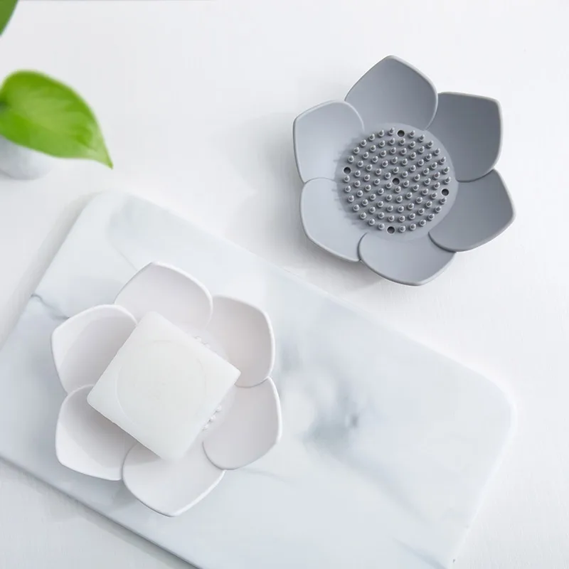 

Soap Box Lotus Shape Soap Dish Flexible Silicone Gray White Bathroom Shower Soap Storage Box Plate Drain Holder