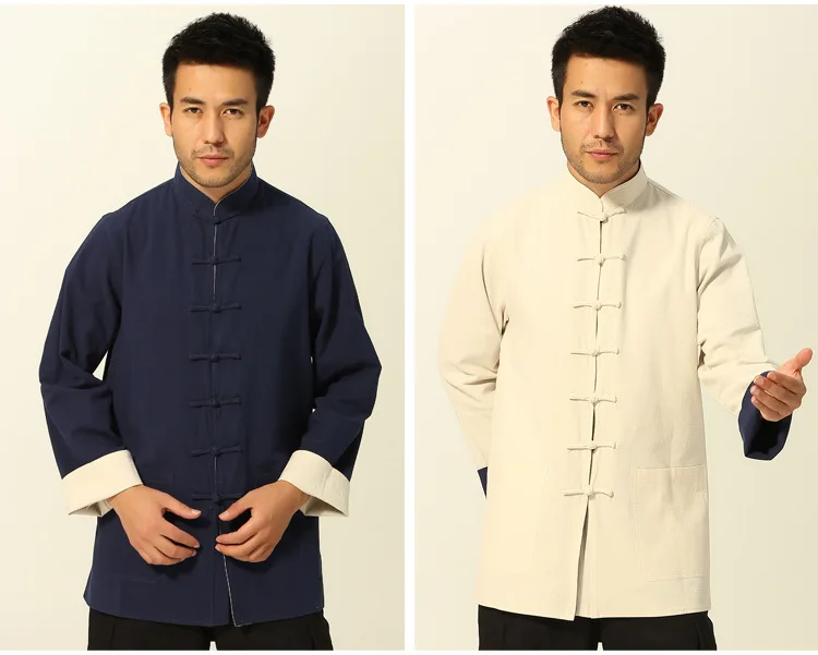 Для мужчин в традиционном китайском стиле Тан костюм Двусторонняя Куртка Wu Шу Костюмы одежда с длинным рукавом кунг-фу Вин Чун, 2 шт./комплект, клеёная - Цвет: dark blue cream