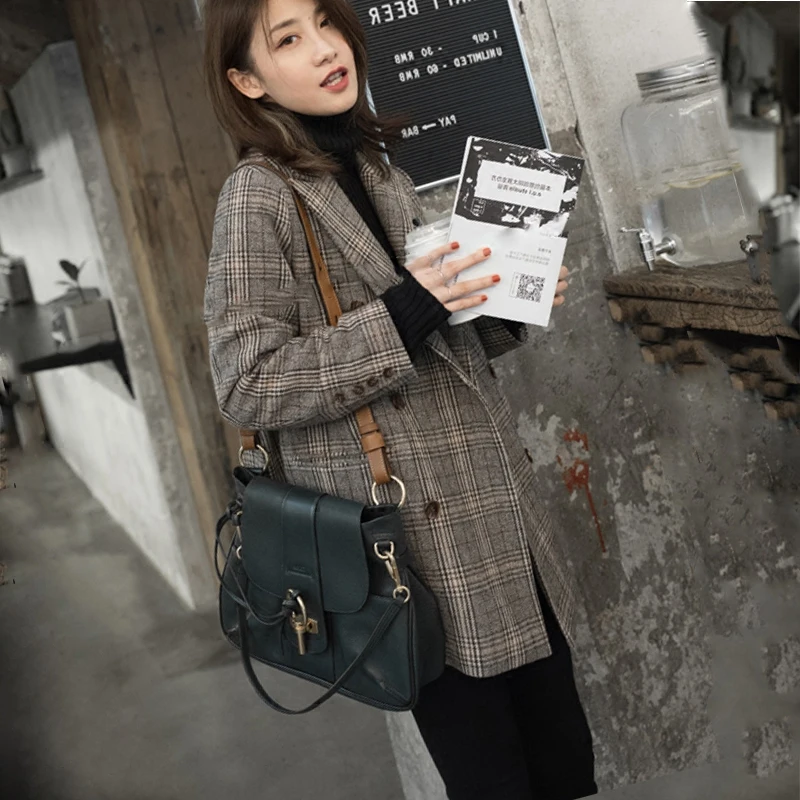 2018 Hong Kong style jacket female loose casual plaid coat female long