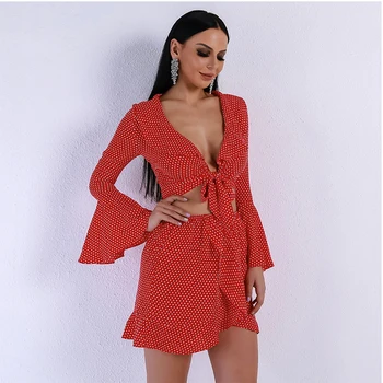 

Dot Print 2 Piece Set Women Deep V Neck Flare Sleeve Crop Top + Summer Dot Skirts Red 2 Piece Set Suit Set For Lady 2019