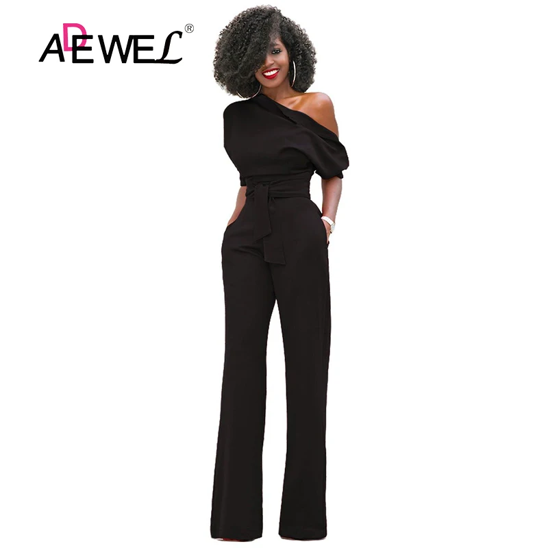 

ADEWEL 2019 Elegant Women's Casual Sexy Long Pant jumpsuit Short Sleeve One Shoulder Bodycon Maxi Jumpsuits Bodysuits Rompers