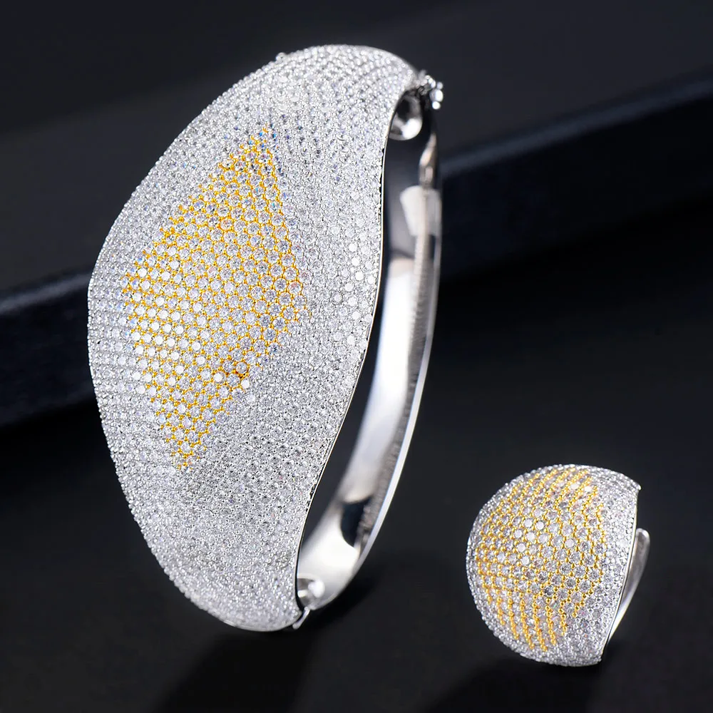 

GODKI Luxury 2 Tone Geometry Nigeria Bangle Ring Sets Jewelry Set For Women Wedding Zircon Crystal CZ Dubai Bridal Jewelry Sets