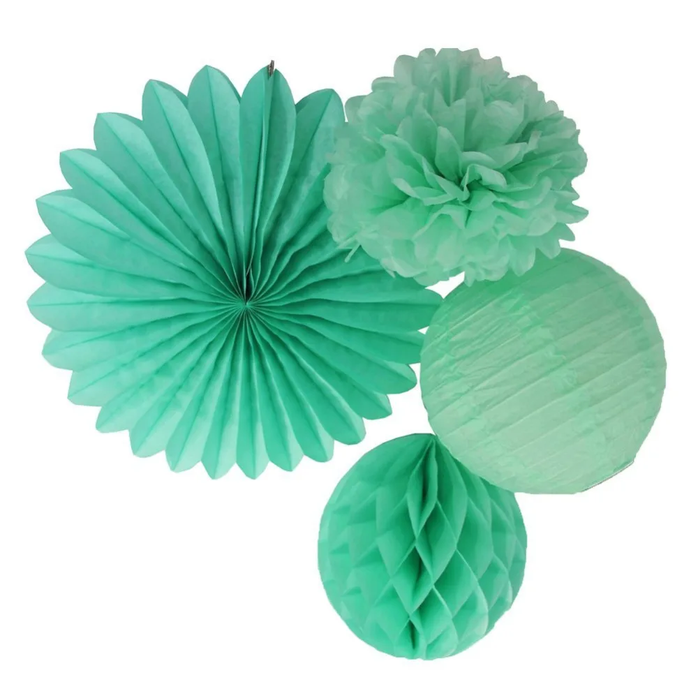 4pcs Mint Shade Kit Tissue Paper Pom PomHoneycomb BallLantern Fan Wedding Birthday Party Hanging Decorations (3)