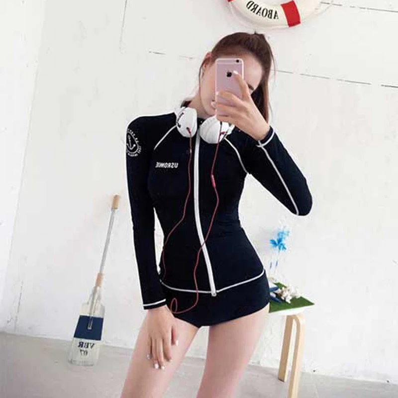 2019 طويلة الأكمام ملابس السباحة Rashguard 3 قطعة/المجموعة امرأة الشمس حماية الغوص تصفح بِدل السباحة النساء سستة طفح الحرس ملابس