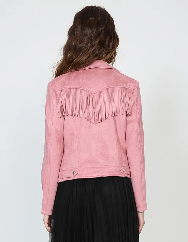 brown faux leather Women high quality suede leather jacket spring fall new casual fashion ladies tassel coat biker jacket pink