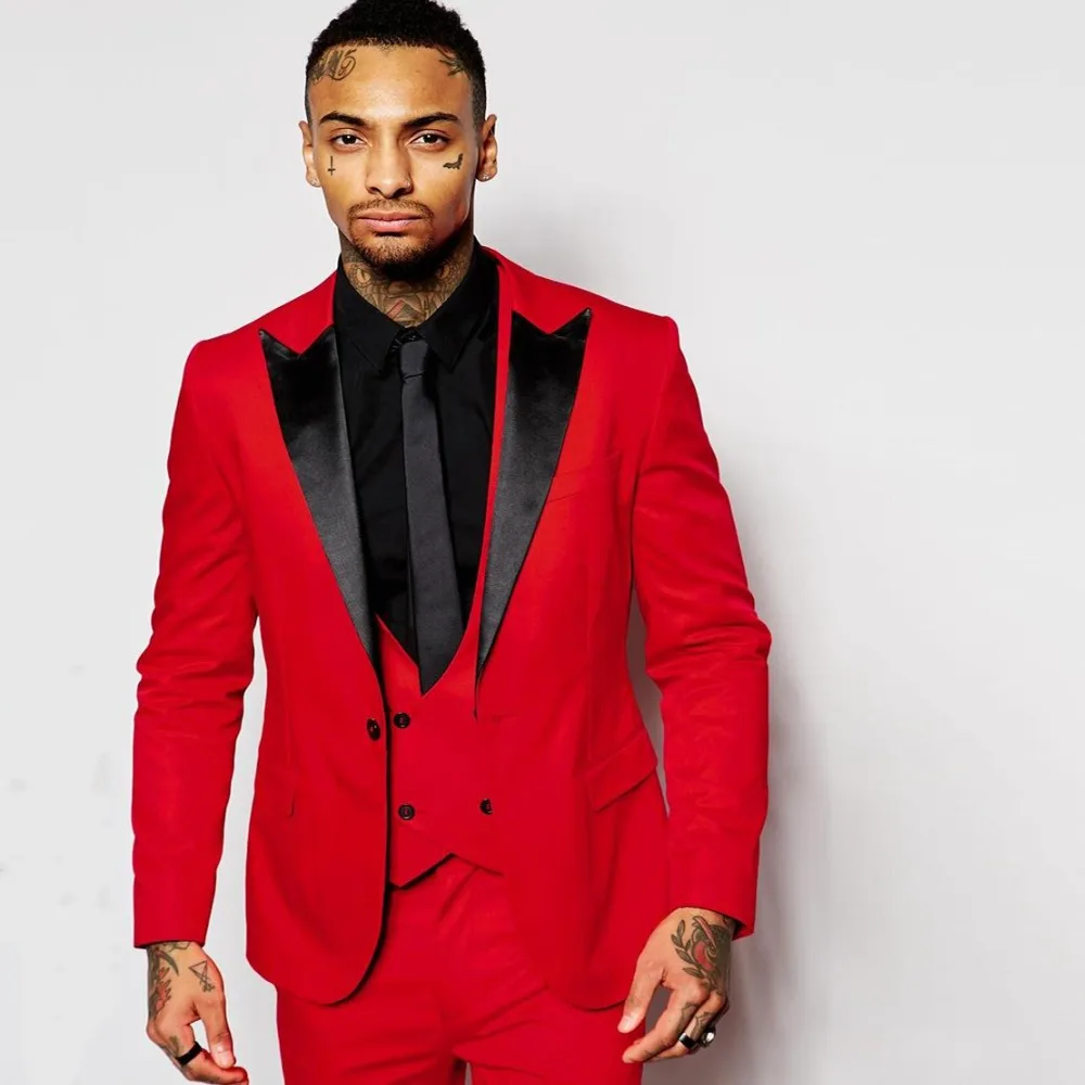 2019 Wedding Suits For Men Red Suits Men Black Satin Peaked Lapel Slim Fit Tuxedo Blazer Custom Grooms 3 Piece Suits Prom Jacket 2019 Wedding Suits For Men Red Suits Men Black Satin Peaked Lapel Slim Fit Tuxedo Blazer Custom Grooms 3 Piece Suits Prom Jacket