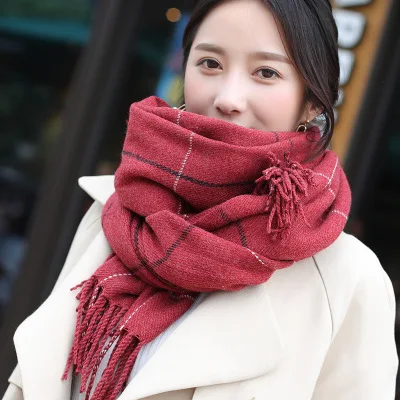 Модный вязаный осенне-зимний женский корейский теплый элегантный шарф для женщин и девочек, милый шарф с кисточками, шерстяной шарф, дикая шаль - Цвет: Бордовый