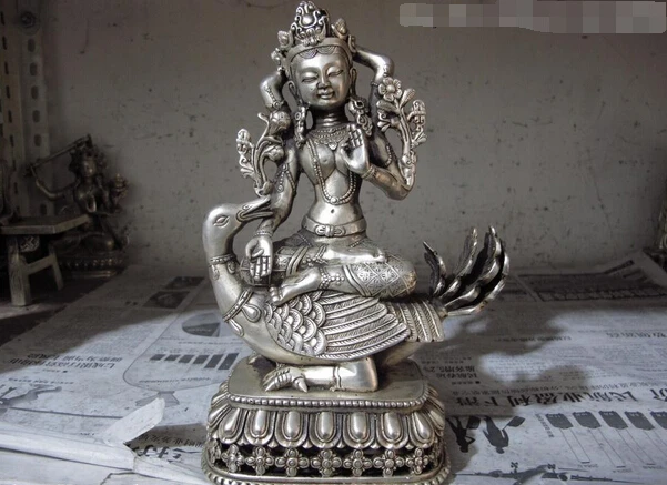 

150701 S2360 Tibet White copper silver Ride Duck Guan Yin Kwan-yin Boddhisattva Buddha Statue