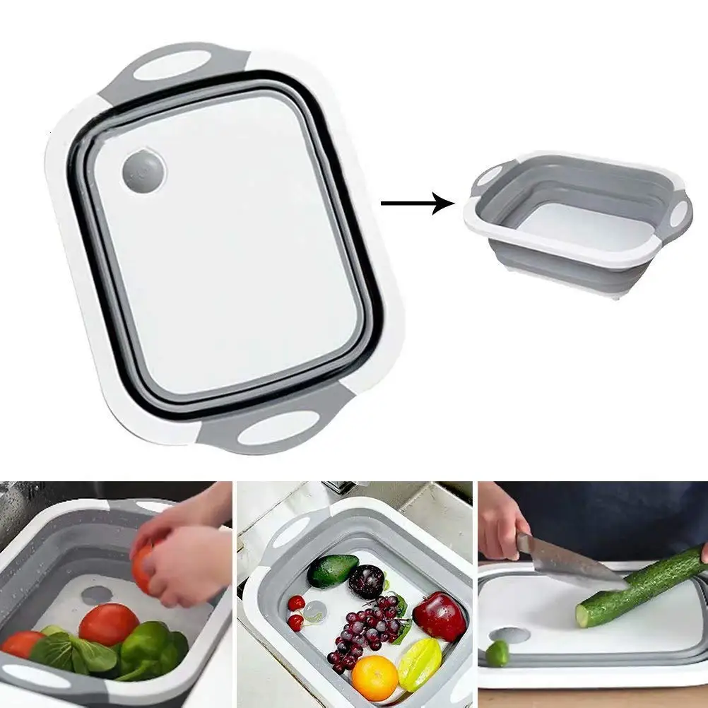

Collapsible Chopping Board Dish Tub with Draining Plug Folding Cutting Board Washing Strainer Drying Rack Vegetable Basket