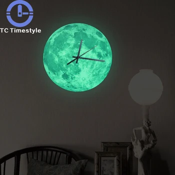 

Wall Clock Modern Design Digital Decorative Living Room Creative Wooden Mute Children's Room Luminous Moon Circular Fluorescent