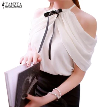 

2020 Summer Style Halter Neck Bowknot Shirts Elegant ZANZEA Women Blusas Sexy Off Shoulder Blouses Casual Slim Chiffon Tops