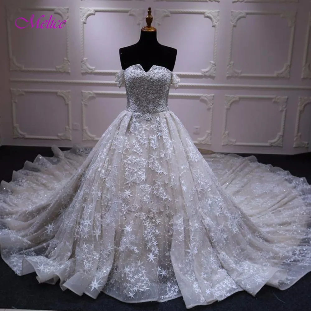 

Melice New Luxury Beaded Pearls Ball Gown Wedding Dress 2019 Gorgeous Lace Royal Train Princess wedding Dress Vestido de Noiva