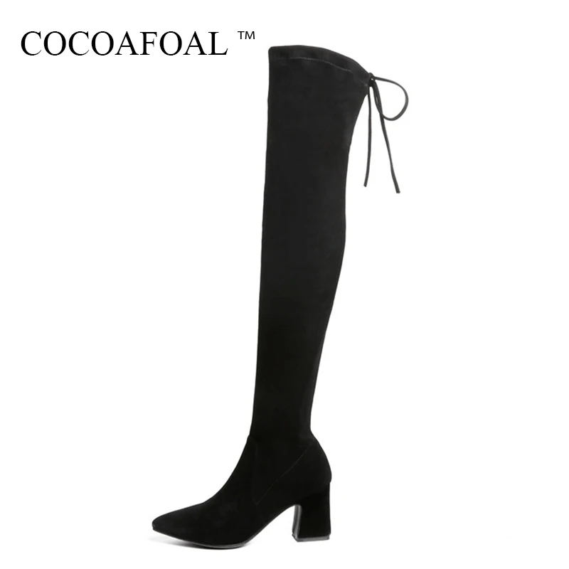 

COCOAFOAL Women's Winter High Heeled Shoes Sexy Pointed Toe Over The Knee Boots Black Genuine Leather Chelsea Thigh High Boots