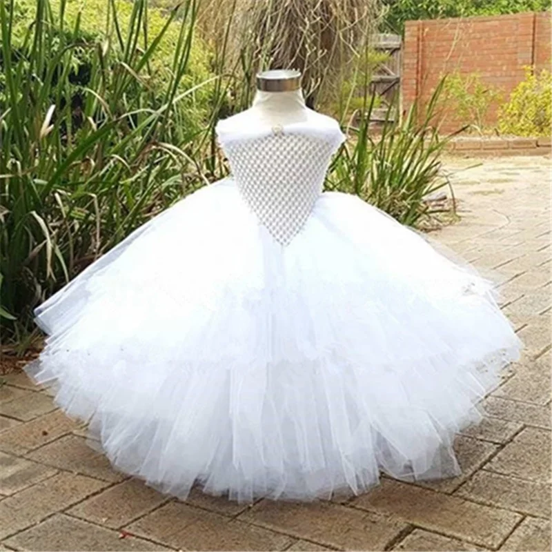 Белые платья-пачки принцессы с цветочным рисунком для девочек длинные фатиновые вечерние бальные платья на свадьбу для детей, платье на выпускной день рождения PQ173