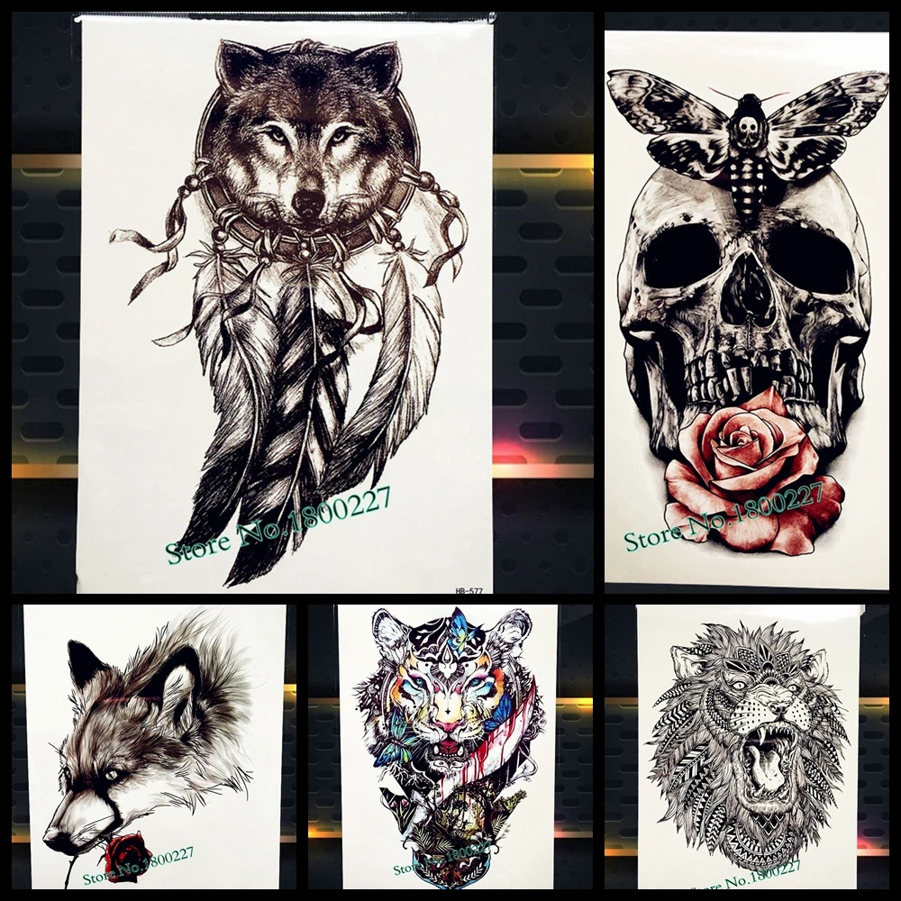 

Hot Wolf Design Temporary Tattoo Dreamcatcher Indian Black Feather Totem, Henna Flash Fake Tatoo Men Women Body Arm Sleeve Taty