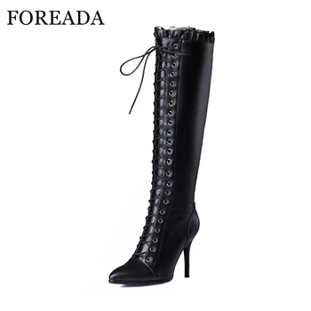 

FOREADA Genuine Leather Boots Women Knee High Boots Winter Sexy Ruffles Thin High Heels Boots Lace Up Handmade Shoes Black 2018