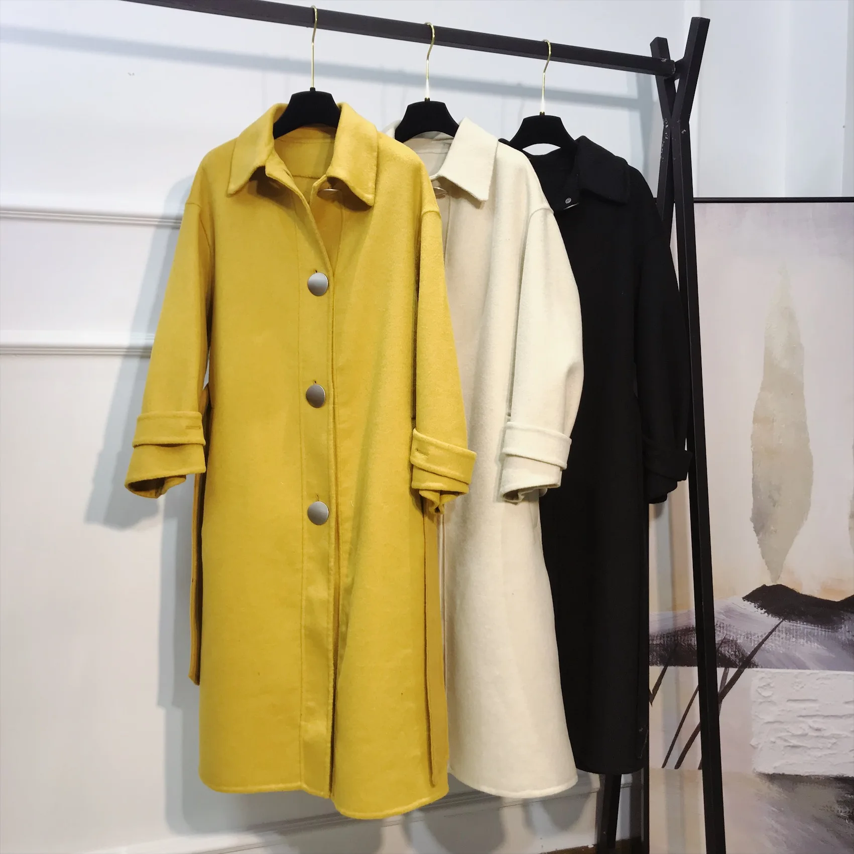 Single-breasted and long double-faced wool cashmere coat belt slim Slim fashion ladies autumn and winter new style