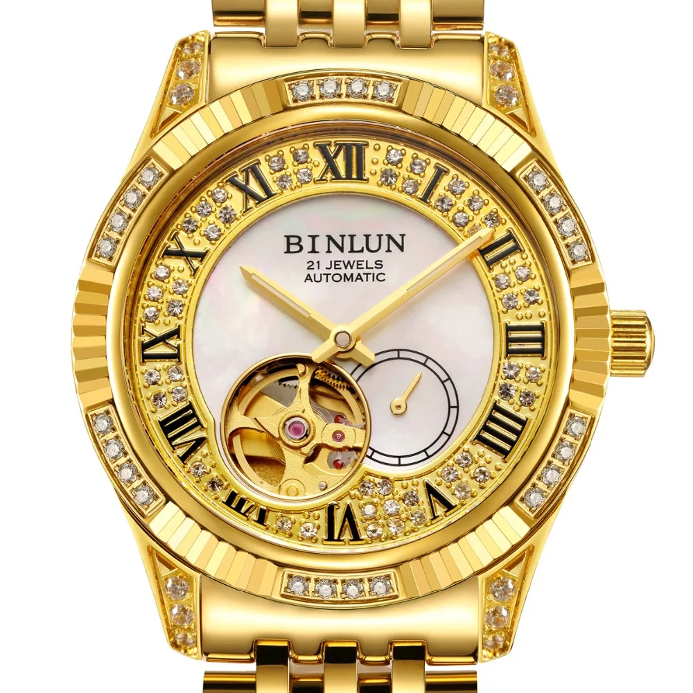 BINLUN 18K Gold Luxury Automatic Watch Skeleton Movement Watch Men's Sapphire Crystal Diamond Automatic Business Men's Watches