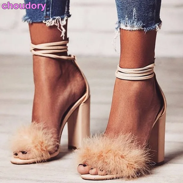 fur chunky heels