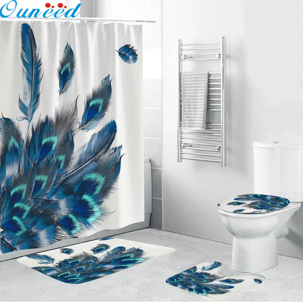 

Ouneed Shower Curtain set 4PCS anti-Slip colorful Flowers Toilet Polyester Cover Mat Set florals scenery Bathroom Shower Curtain