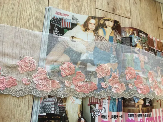 10 ярдов тонкая кружевная отделка с вышивкой белая сетчатая персиковым розовым