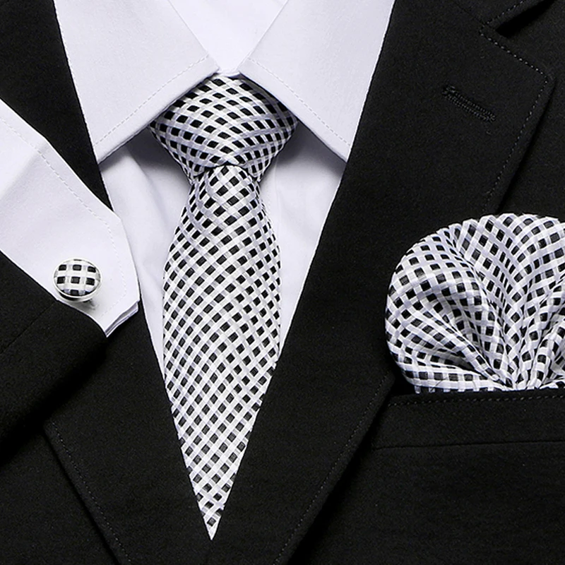 Для мужчин галстуки Мода Плед Ханки платок запонки Полосатый плед в горошек Для мужчин шелковые галстуки для мужской костюм галстук