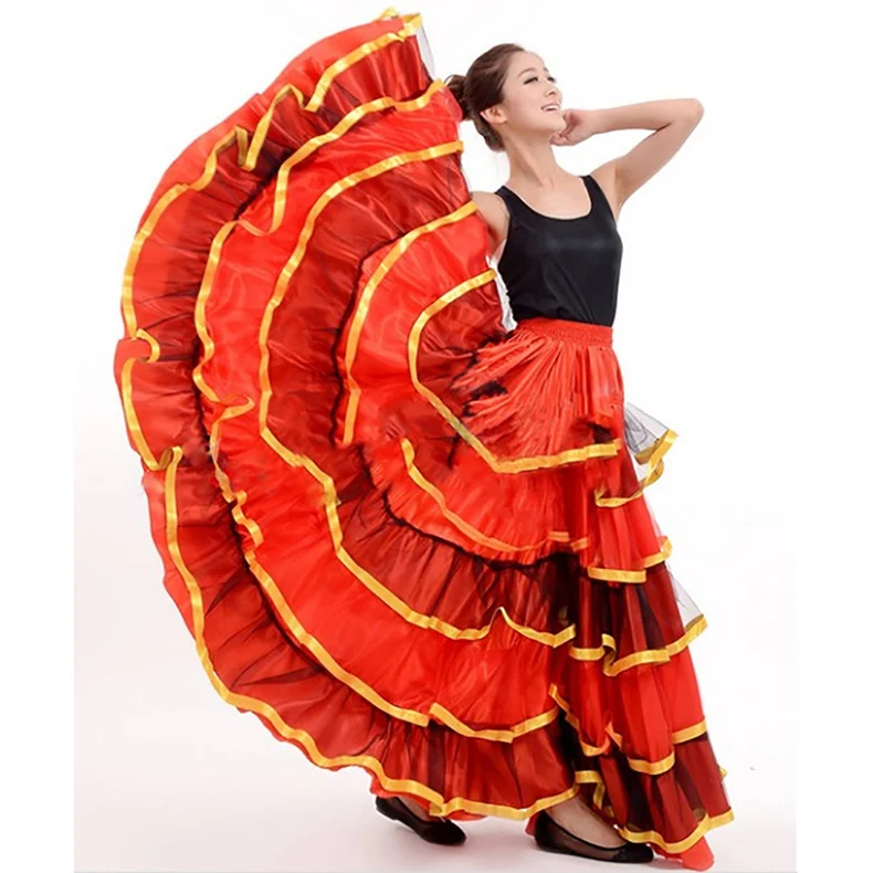 Дешевые латинская юбка для танцев для дамы красный 180 градусов испанский юбка Для женщин Открытие выполнять-Пасо двойной коррида пачка