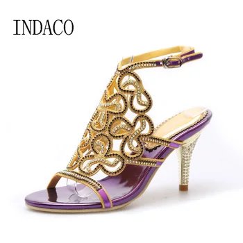

Gold Silver Black Purple Wedding Rhinestone Sandals Genuine Leather High Heels Summer Diamond Bohemian Sexy Stiletto Shoes