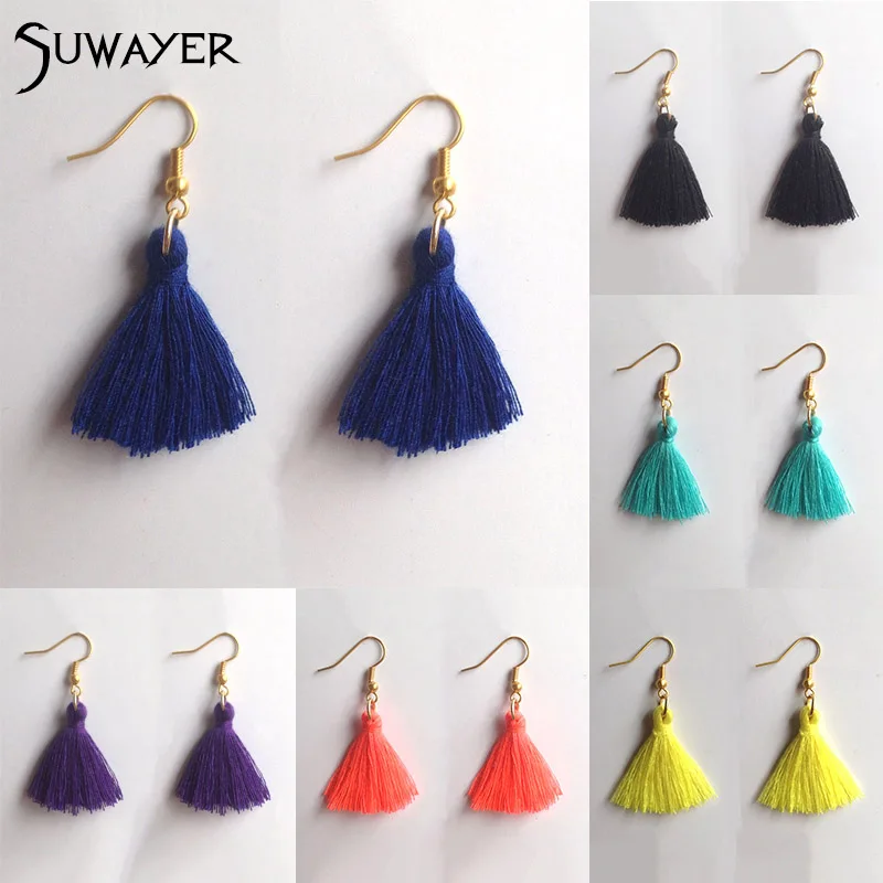 SUWAYER Woolen Yarn Tassel Earrings Handmade Delicate Gold Drop